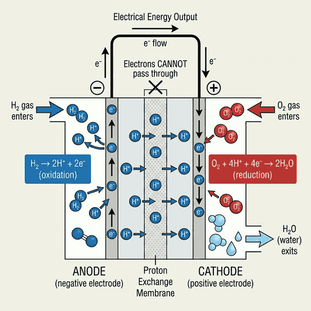 Hydrogen fuel cell diagram showing anode, cathode, proton exchange membrane, and electron flow