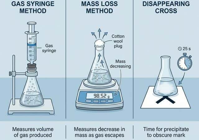 Lab setups for measuring reaction rate: gas syringe, mass loss, and precipitate methods