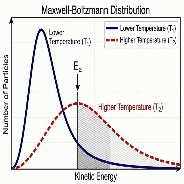 Maxwell-Boltzmann distribution curve showing effect of temperature on particle energy distribution