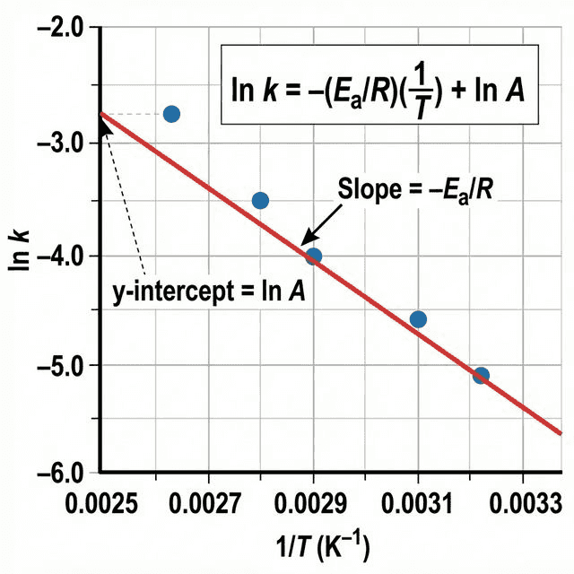 Arrhenius plot showing ln k vs 1/T with negative slope for determining activation energy