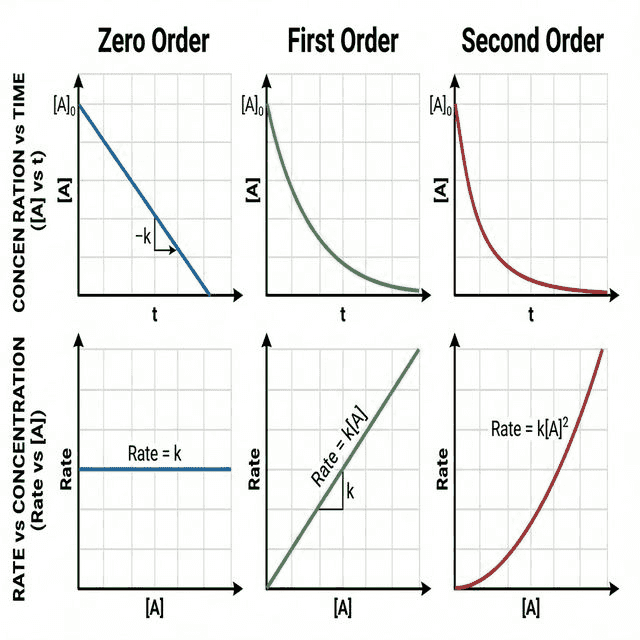 Rate graphs matrix showing concentration vs time and rate vs concentration for zero, first, and second order reactions