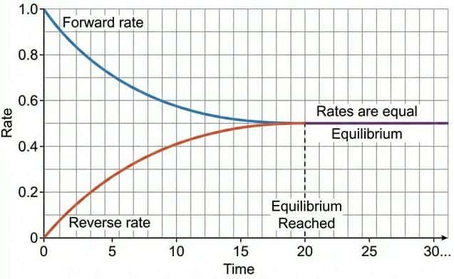 Rate vs time graph showing forward and reverse rates converging to equal values at equilibrium