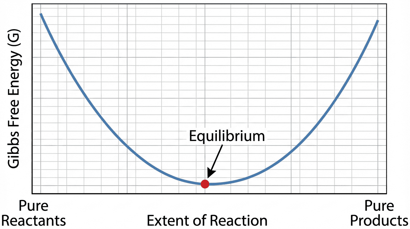 Gibbs Free Energy vs reaction progress graph showing U-shaped curve with equilibrium at minimum point