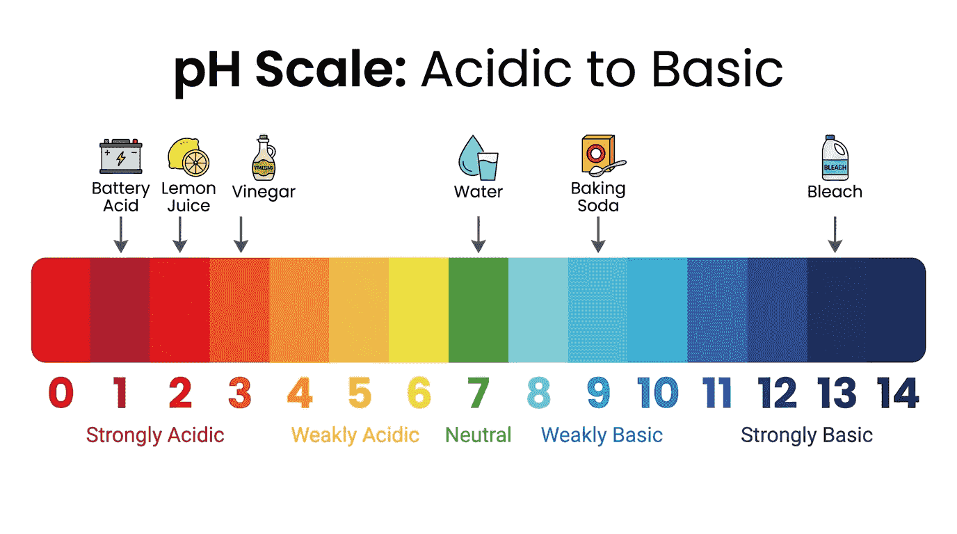 pH scale from 0 to 14 showing color gradient from red (acidic) to green (neutral) to blue (basic) with common substances labeled