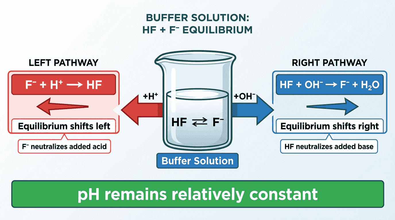 Diagram showing how a buffer works with HF and F- system, with arrows showing reactions when H+ or OH- is added