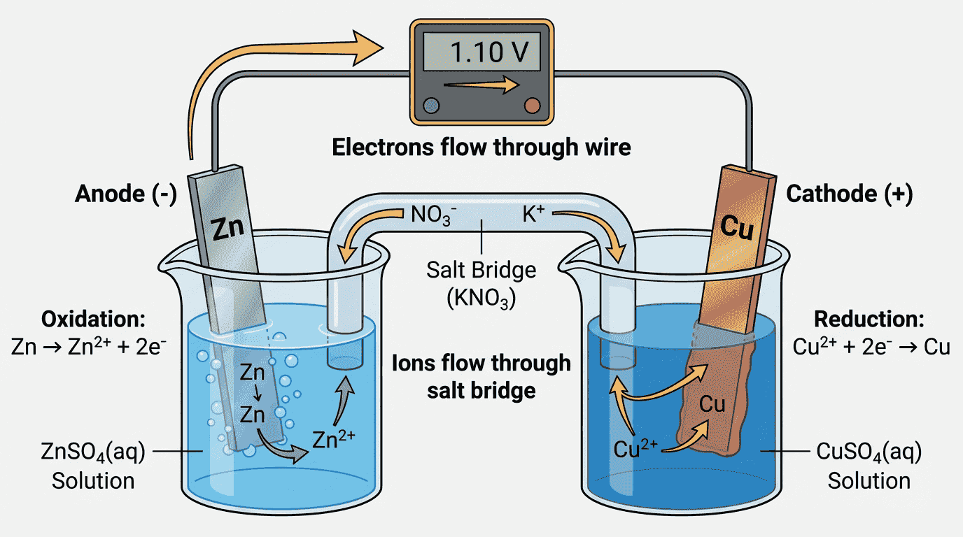 Voltaic Cell (Daniell Cell) diagram showing Zn-Cu electrodes, salt bridge, electron flow, and half-reactions