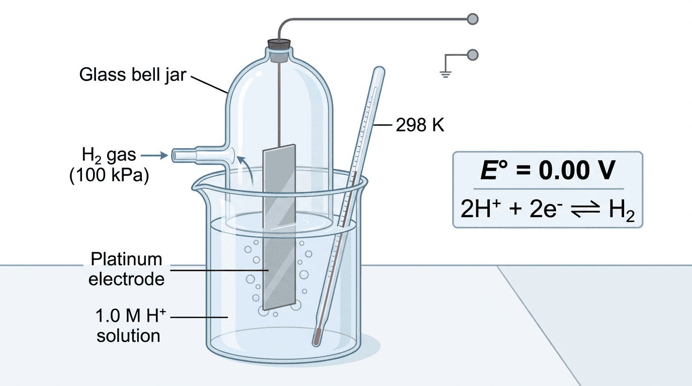 Standard Hydrogen Electrode diagram showing platinum electrode in 1.0 M H+ solution with H2 gas bubbling at 100 kPa