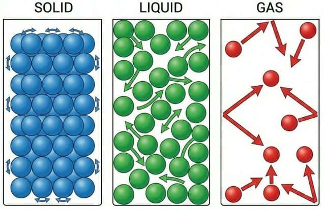 Particle arrangements in solid, liquid, and gas states