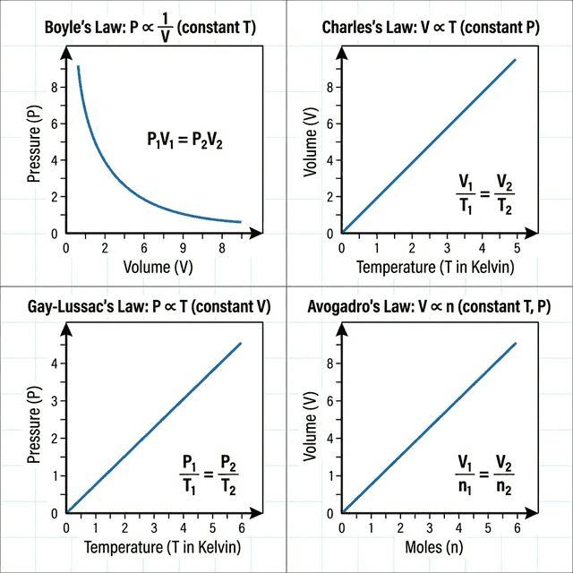 Four gas law graphs showing Boyle, Charles, Gay-Lussac, and Avogadro relationships