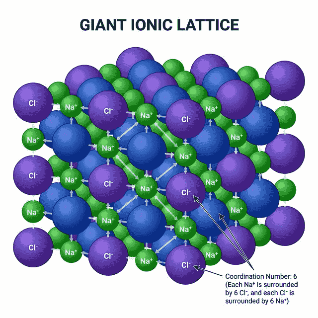 Giant ionic lattice structure of NaCl showing alternating Na+ and Cl- ions