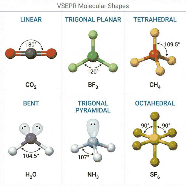 VSEPR molecular shapes chart showing linear, trigonal planar, tetrahedral, bent, trigonal pyramidal, and octahedral geometries