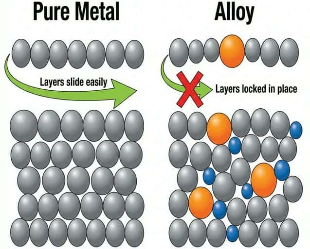 Comparison of pure metal and alloy structures showing how different-sized atoms prevent layer sliding