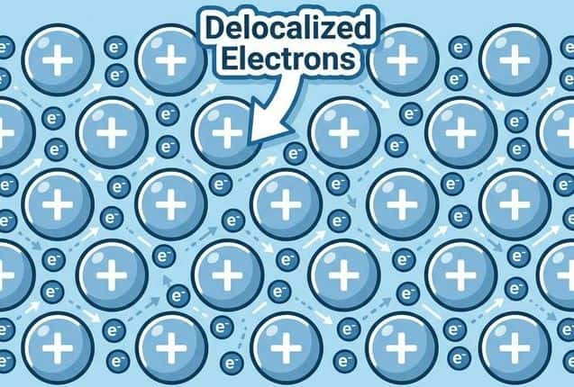 Sea of electrons model showing metal cations in a lattice with delocalized electrons