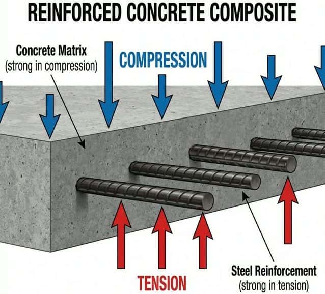 Cross-section of reinforced concrete showing steel rebar handling tension and concrete handling compression