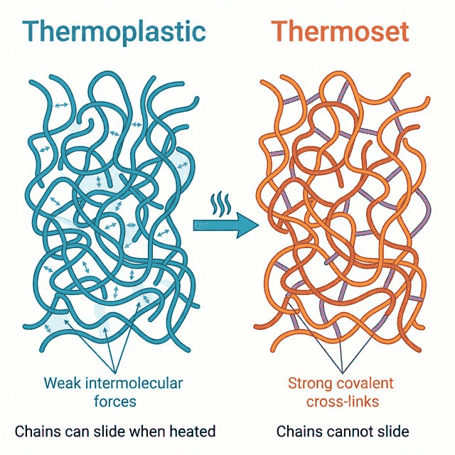 Comparison of thermoplastic and thermoset polymer structures showing tangled chains vs cross-linked chains