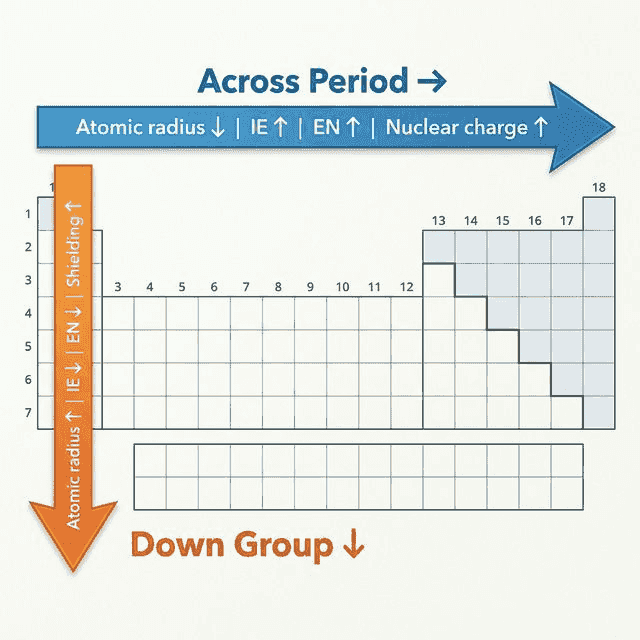 Periodic trends overview chart showing trends across periods and down groups