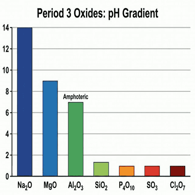 pH gradient bar chart showing Period 3 oxides from basic to acidic